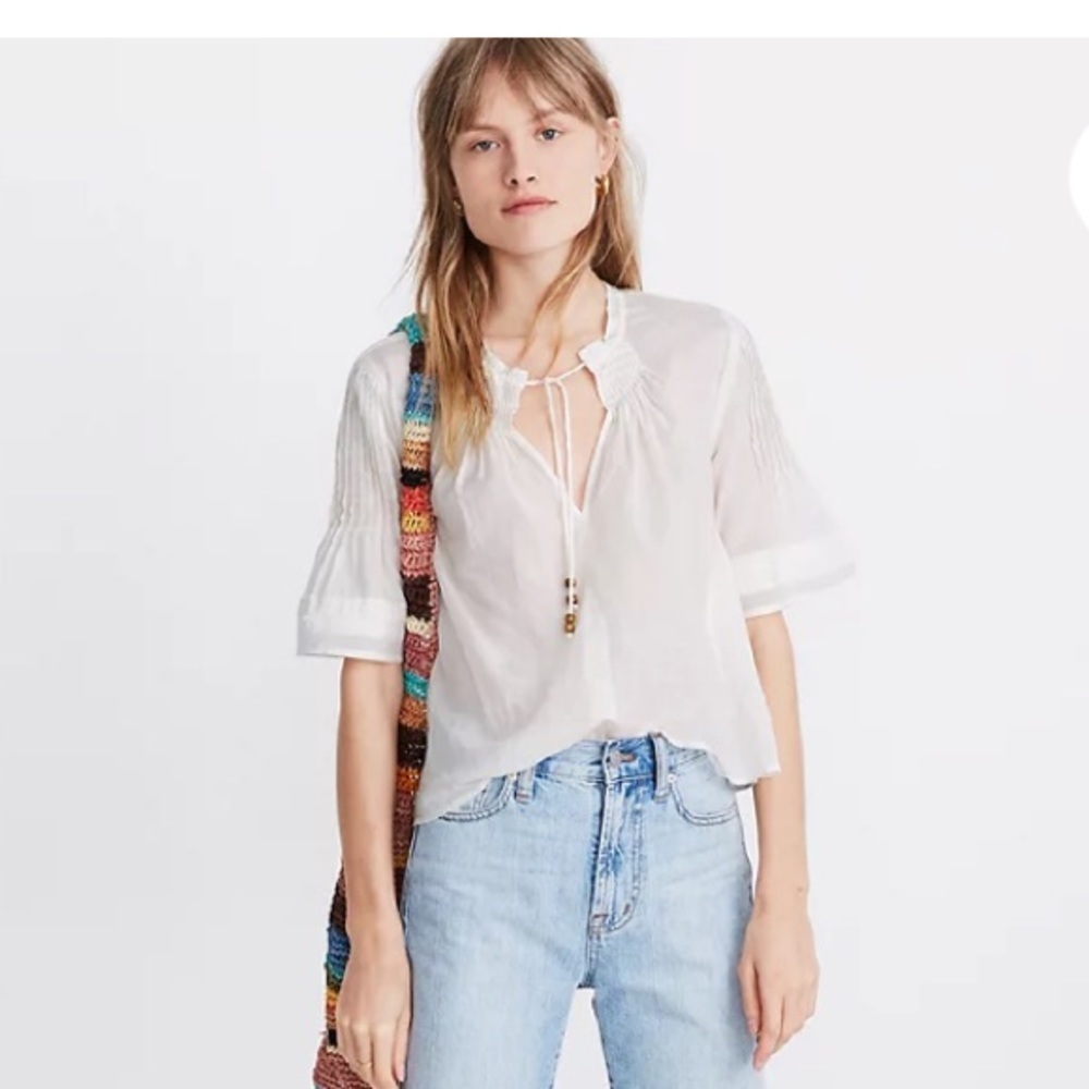 Madewell warm pin tuck tie neck top